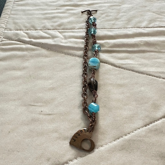 2/$15 Copper Blue & Brown stone/beaded “Sister” bracelet. Heart toggle clasp. - Picture 2 of 16
